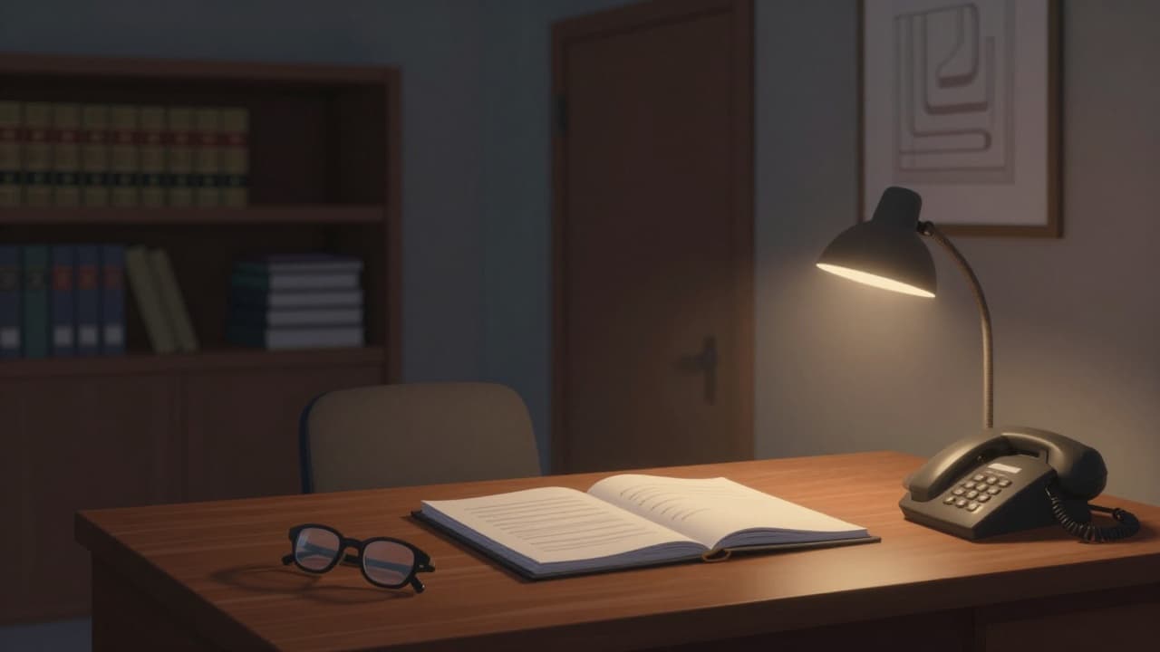 Empty office desk with legal documents