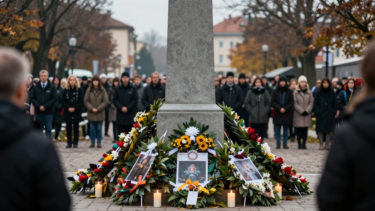 Monument with wreaths and candles in Dubrava