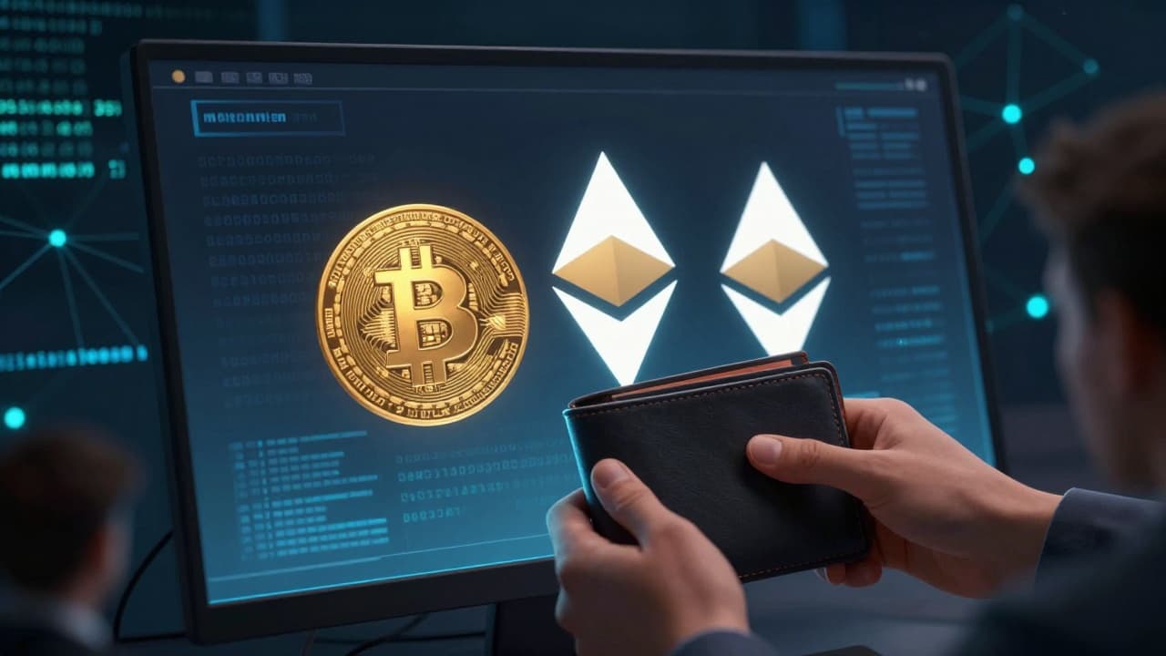 Dark scene with cryptocurrencies and a stolen wallet