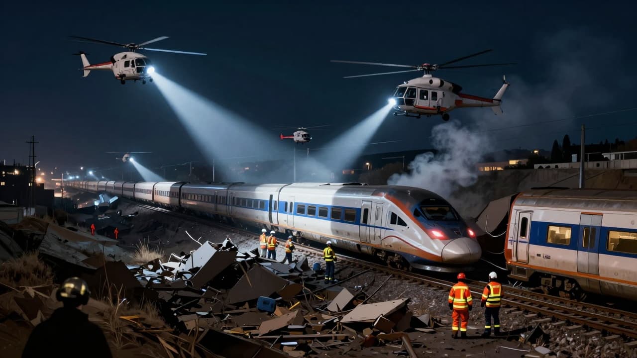 Nighttime rescue scene following the rail accident