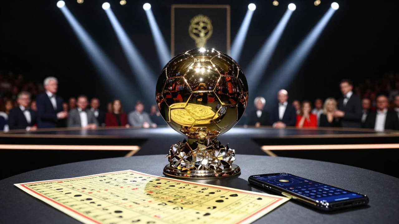 The Ballon d'Or trophy and a crypto application on a table