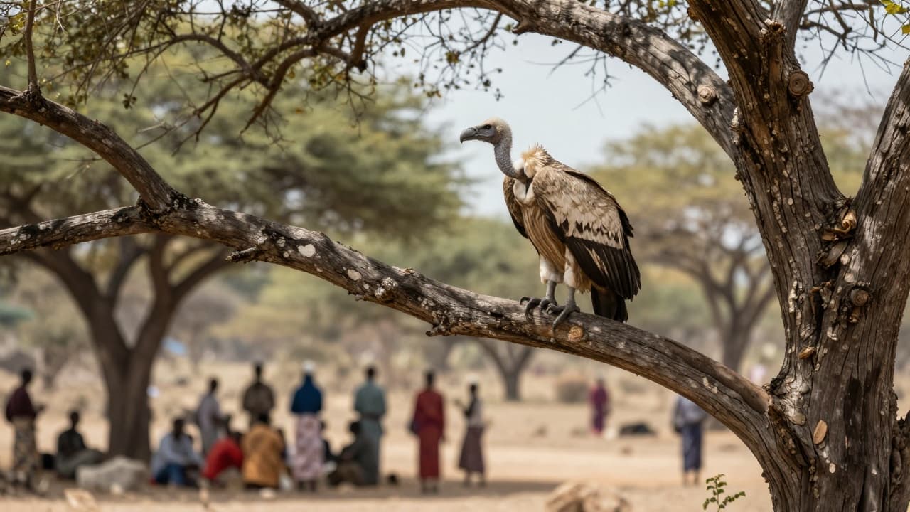 Vulture on a branch in the sacred forest