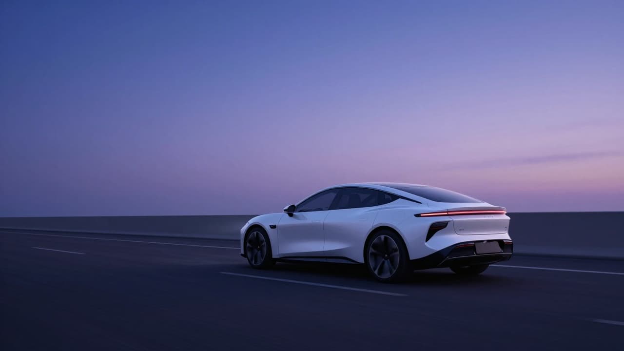 White car on the road at dusk