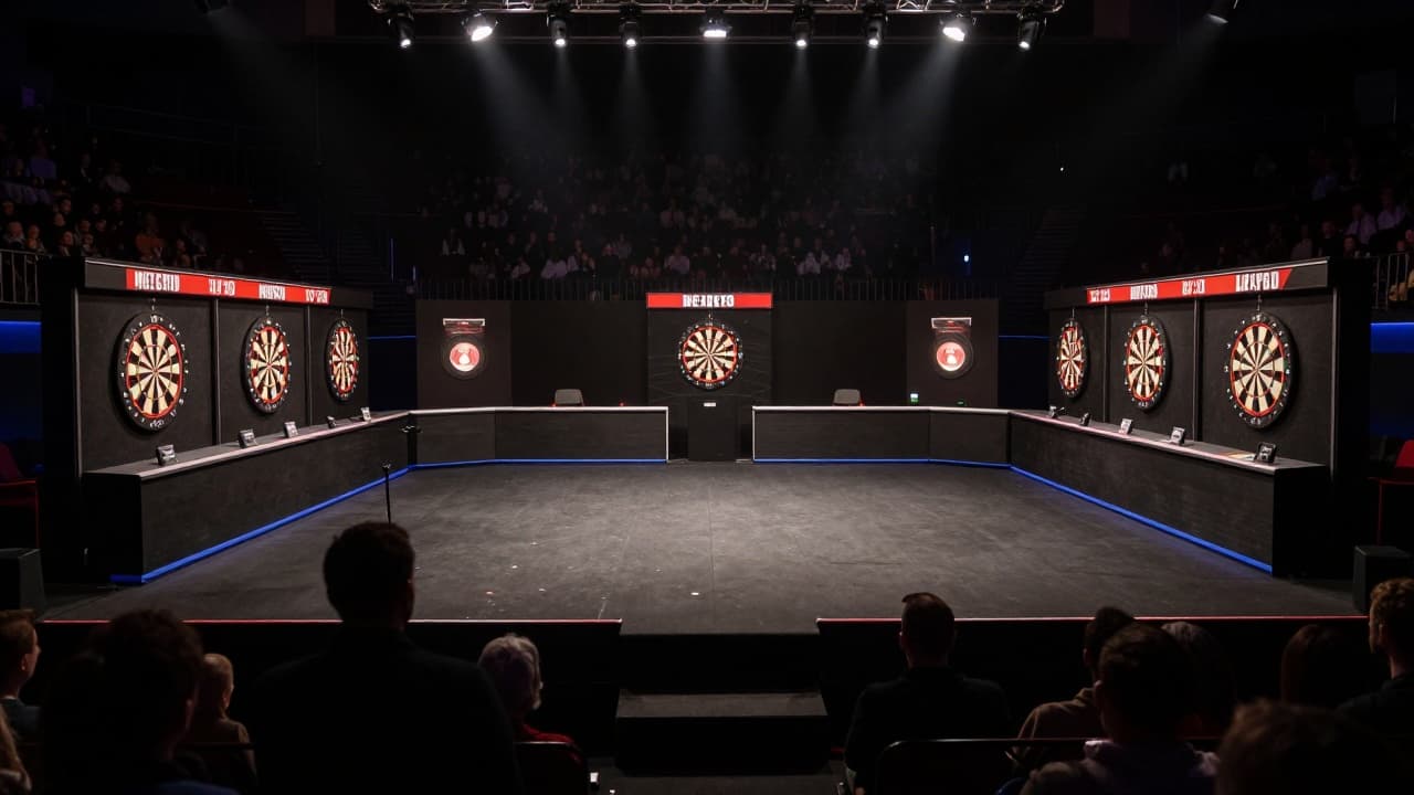 Darts players on stage