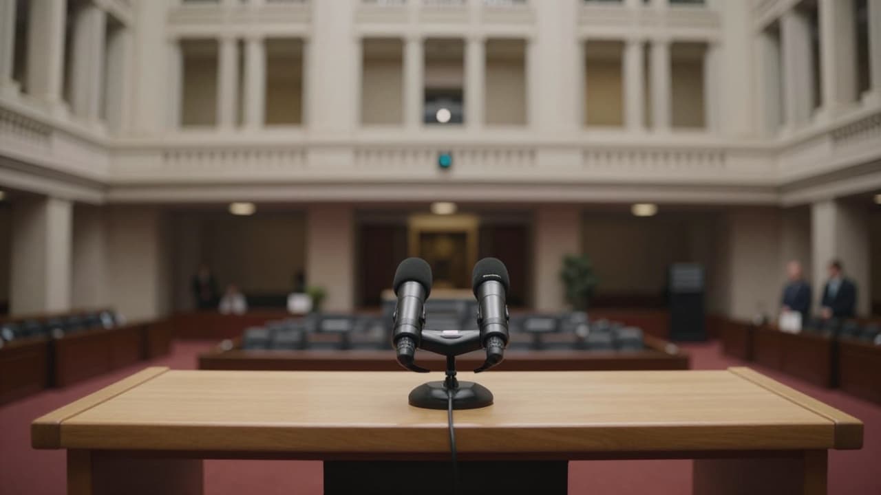Prazna govornica s mikrofonima u parlamentu
