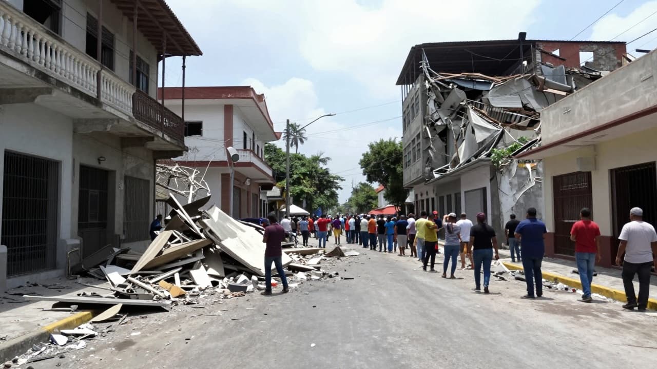 Damaged building and distressed people
