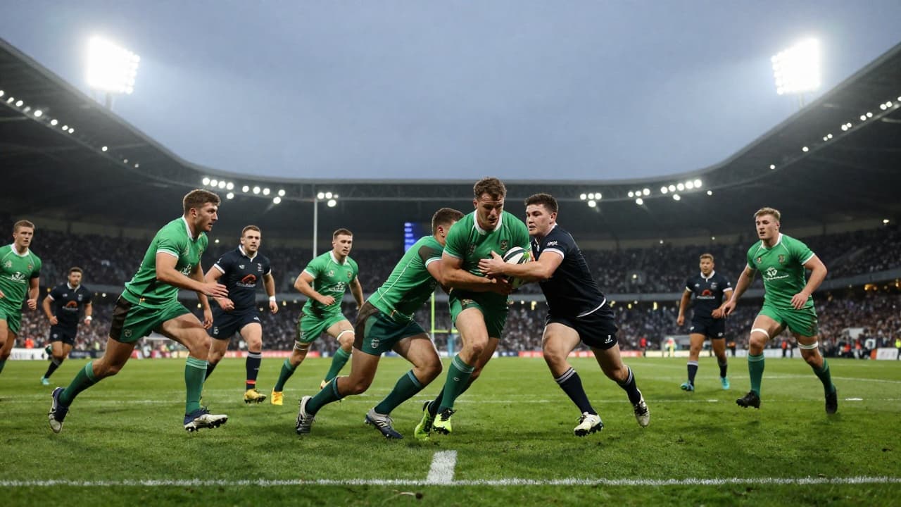 Dinamična scena rugby utakmice pod reflektorima