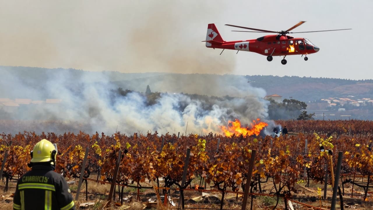 Firefighters battle a blaze on the Pelješac peninsula amid strong winds, with significant damage reported to a church in Potomje and local vineyards.