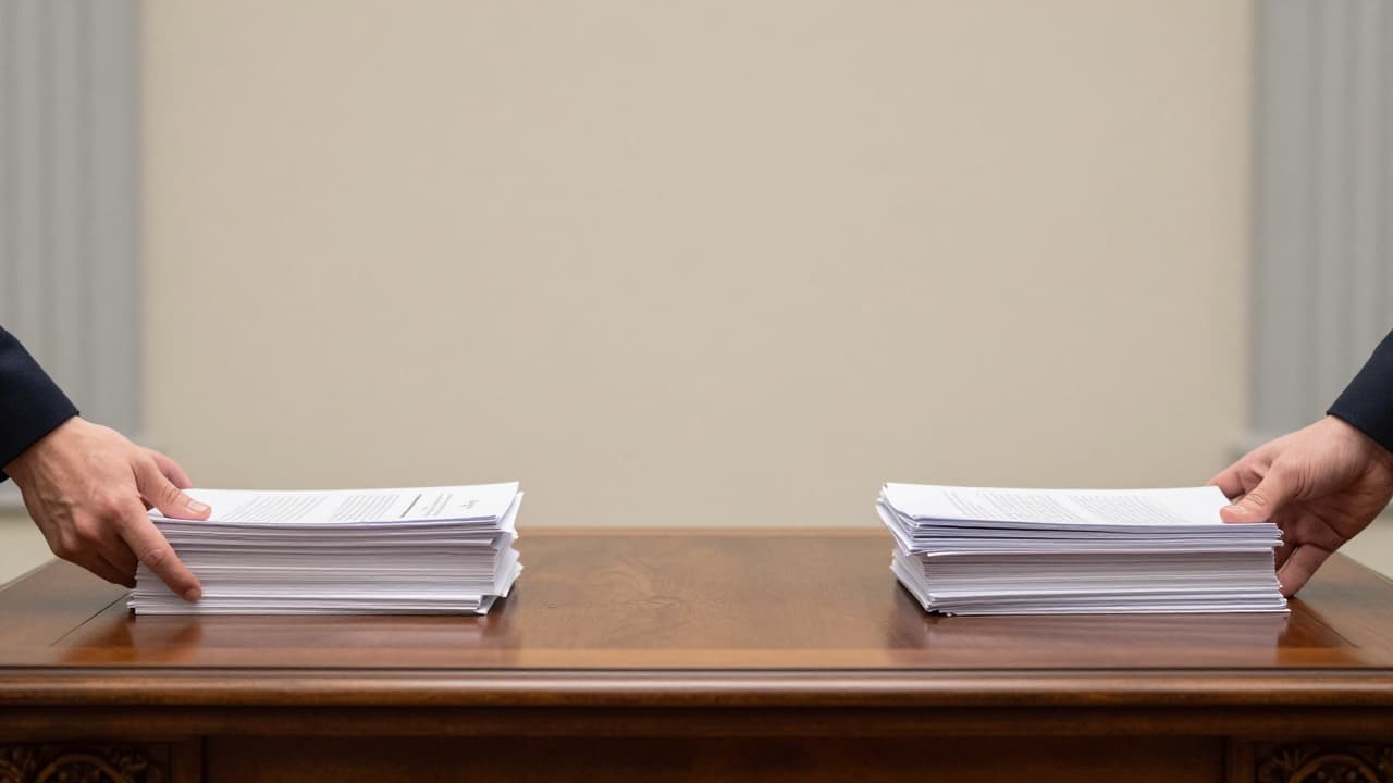 Two stacks of documents on the table