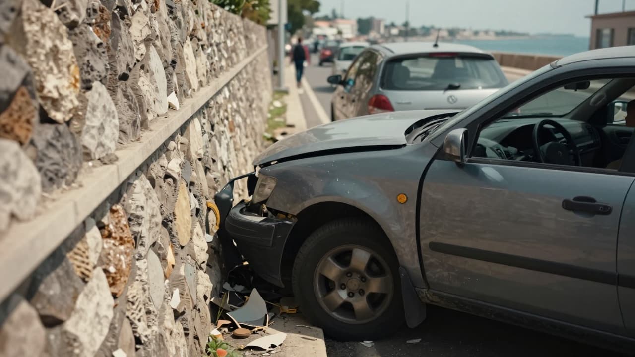 Damaged car leaning against a wall