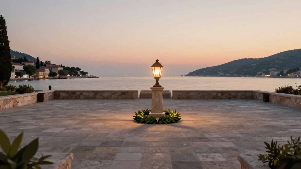 Lantern on stone pedestal by sea