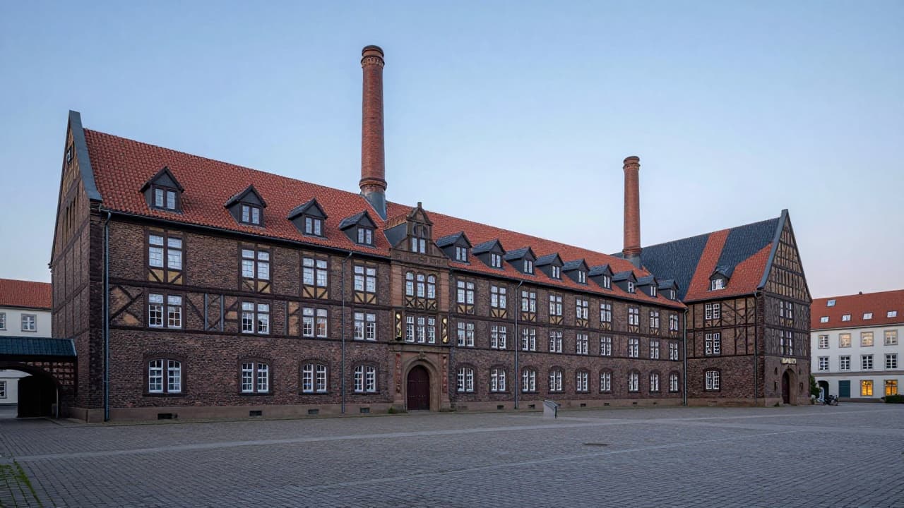 Empty brewery building at dusk