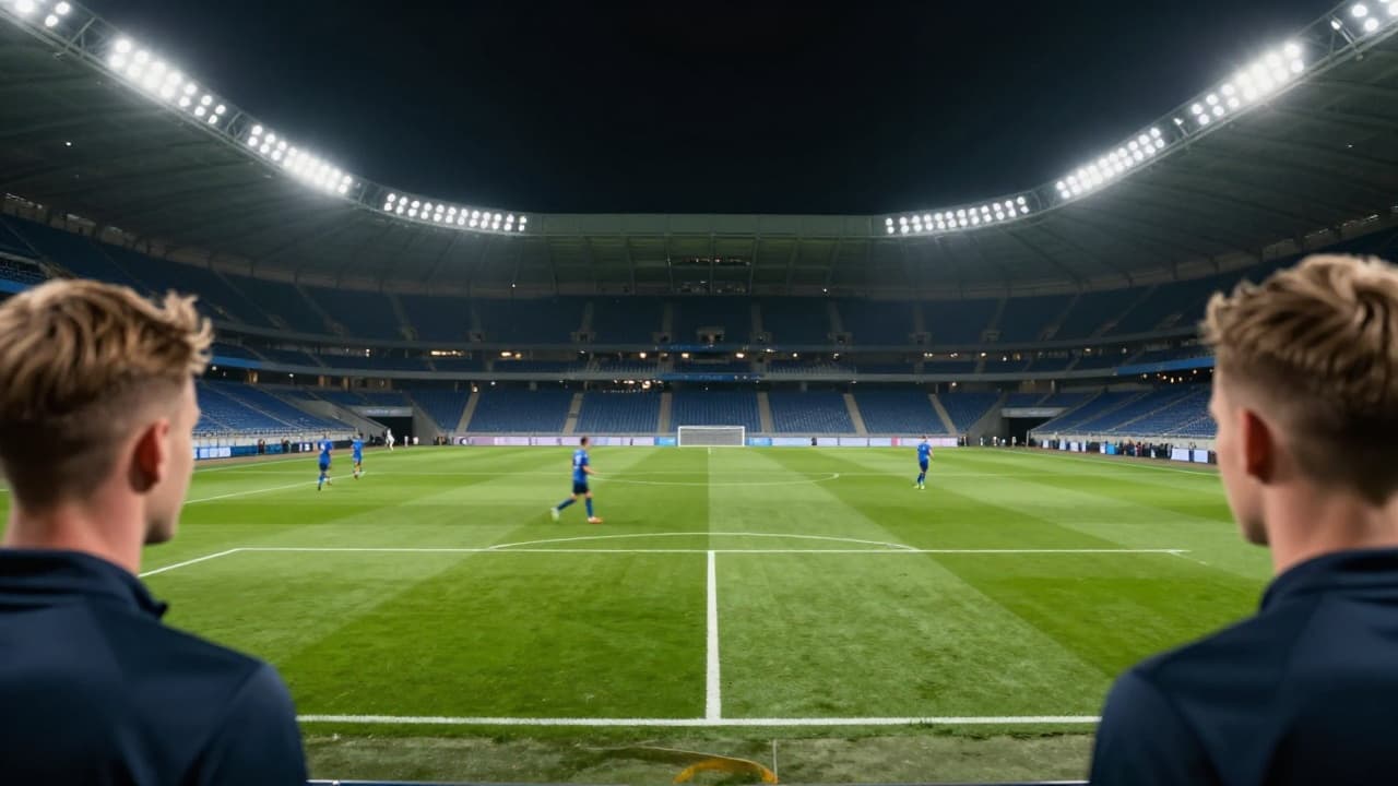 An empty football pitch under floodlights