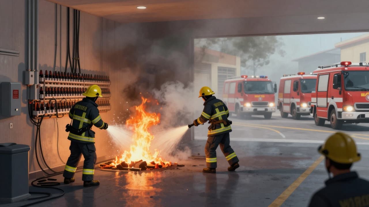 Firefighters extinguish a fire in the boiler room