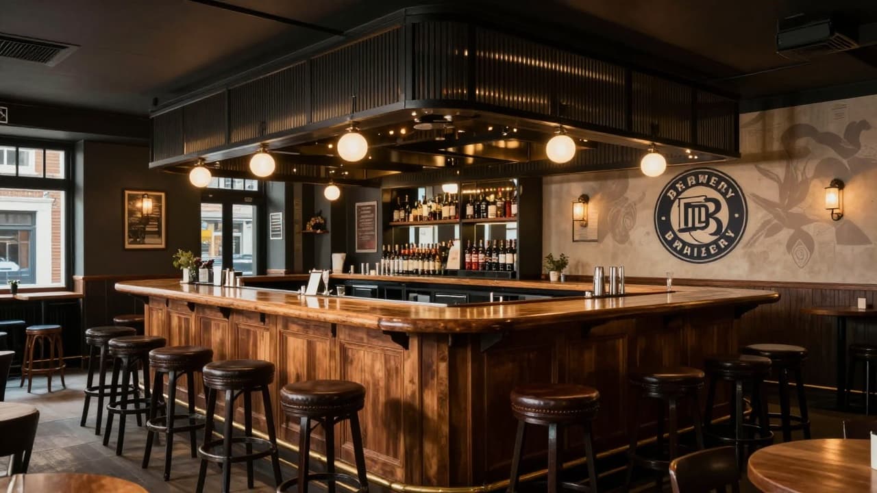 Interior of a modern bar with a wooden bar counter