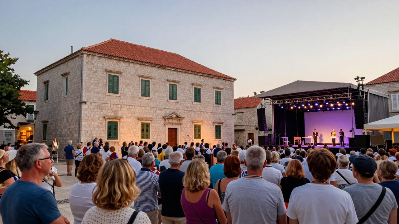 Evening atmosphere in front of the stone building