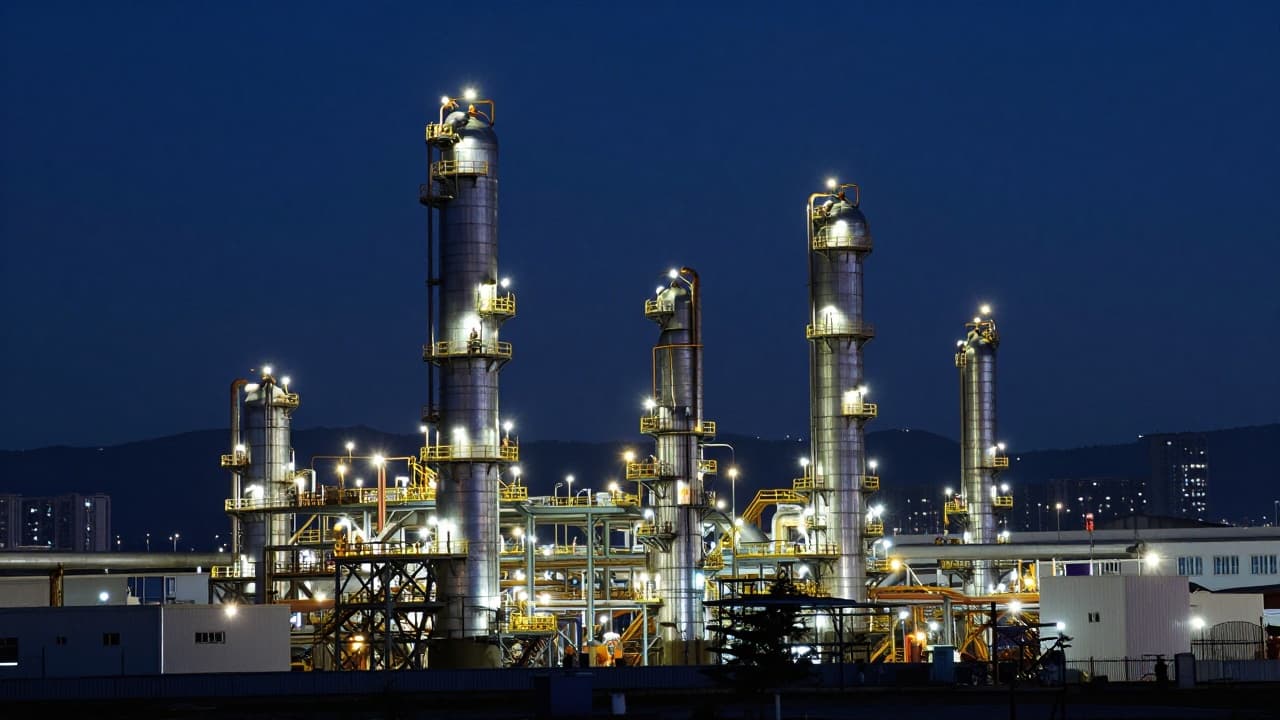 Noćni prizor industrijske rafinerije s dimnjacima