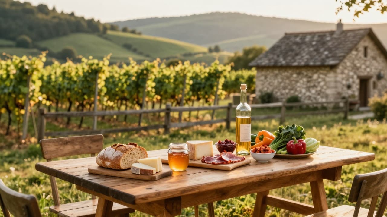 Local food and drink on a table in a rural setting