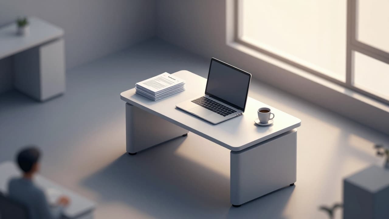 Minimalist 3D rendering of an office desk