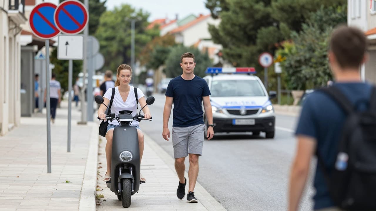An e-scooter on the road next to a police vehicle