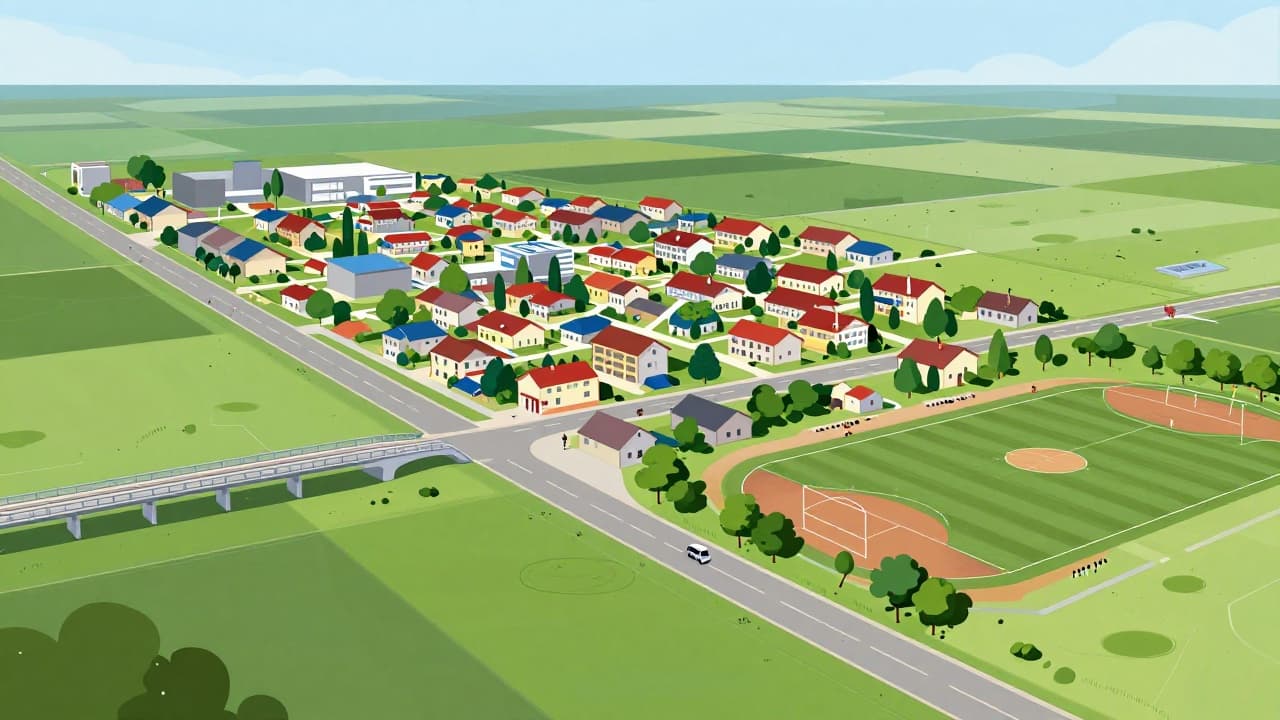 Prikaz Žrnovice s cestom, mostom i igralištem