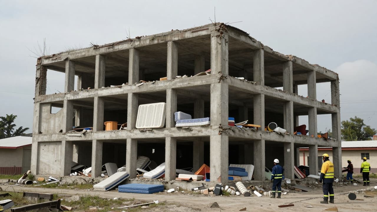 Rescue operations in the rubble of a collapsed building