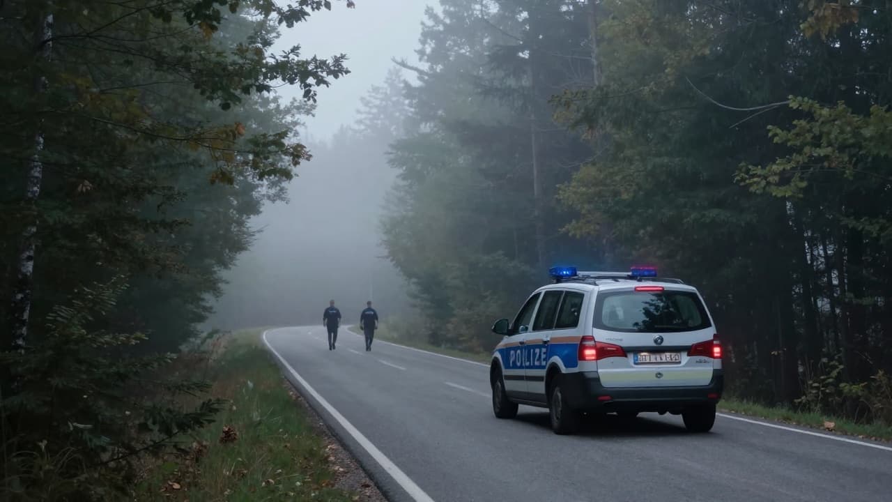 Policija na šumskoj cesti u magli