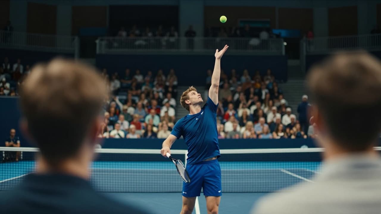 Tennis player in a blue jersey prepares for a shot