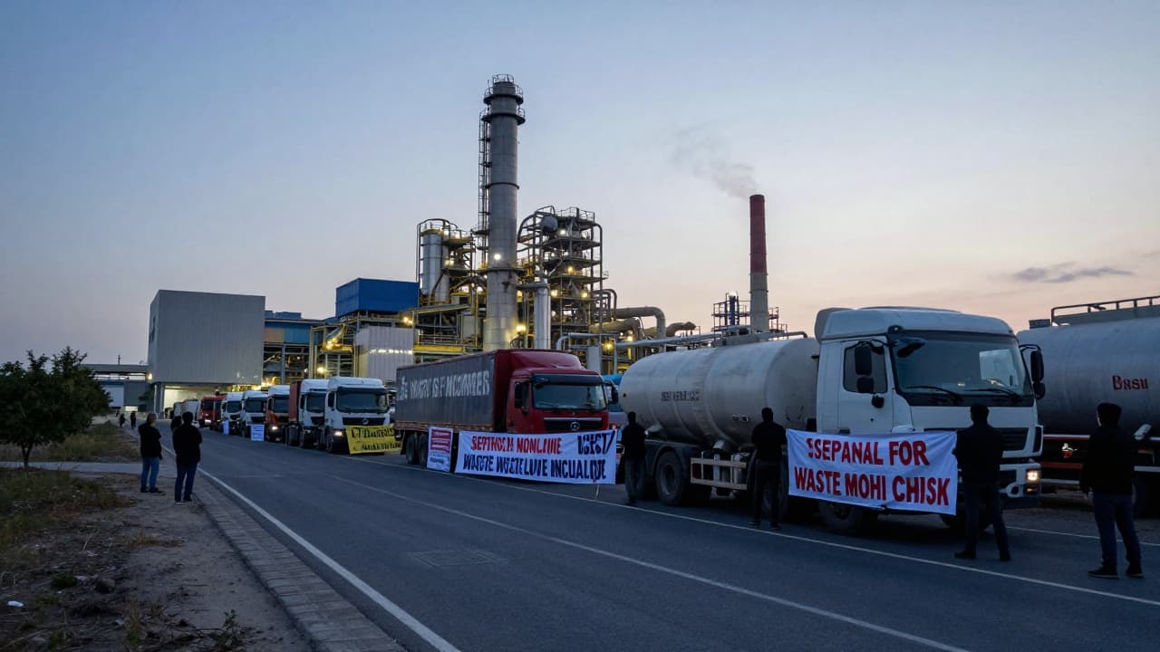 Protesters block the road with banners against the burning of waste.