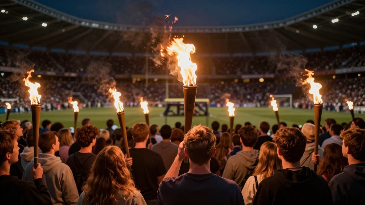 Bakljada i masa navijača na stadionu