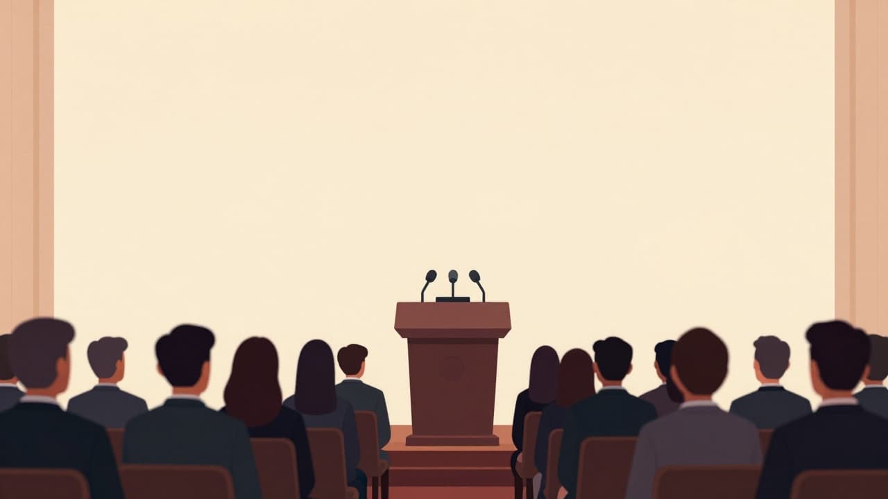 An empty podium with microphones
