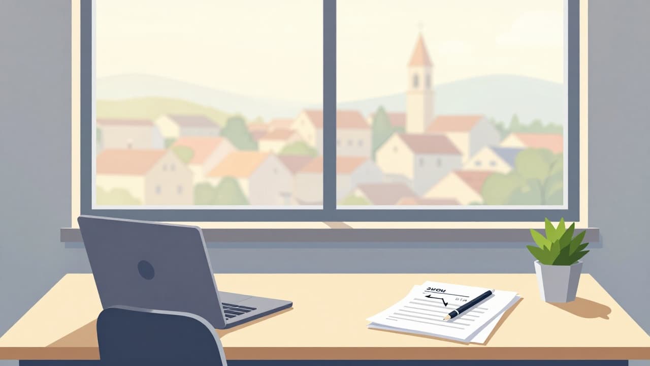 An empty office with a falling unemployment curve