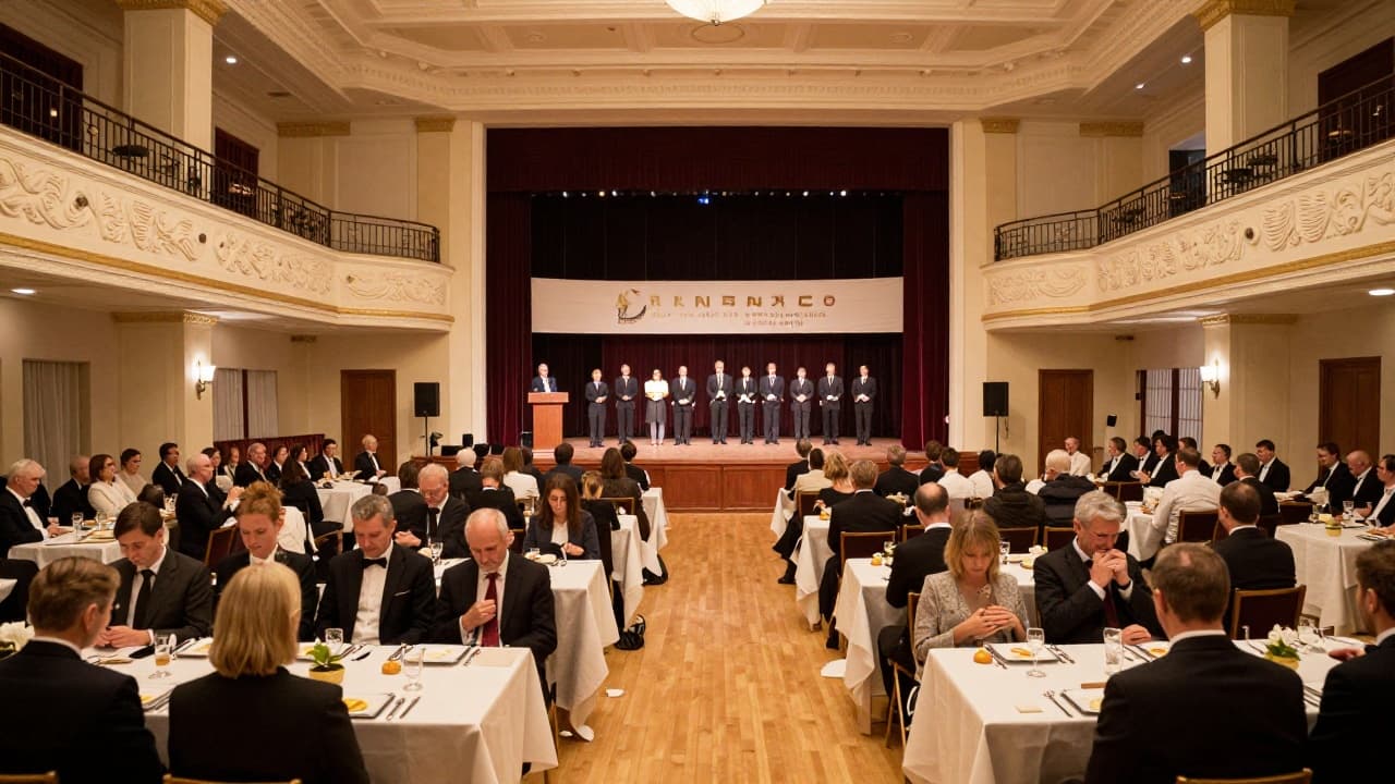 A festive hall with awards on a podium