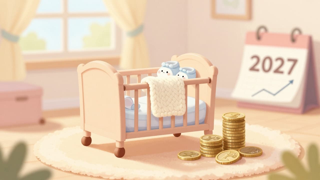 Pile of coins and a baby cot