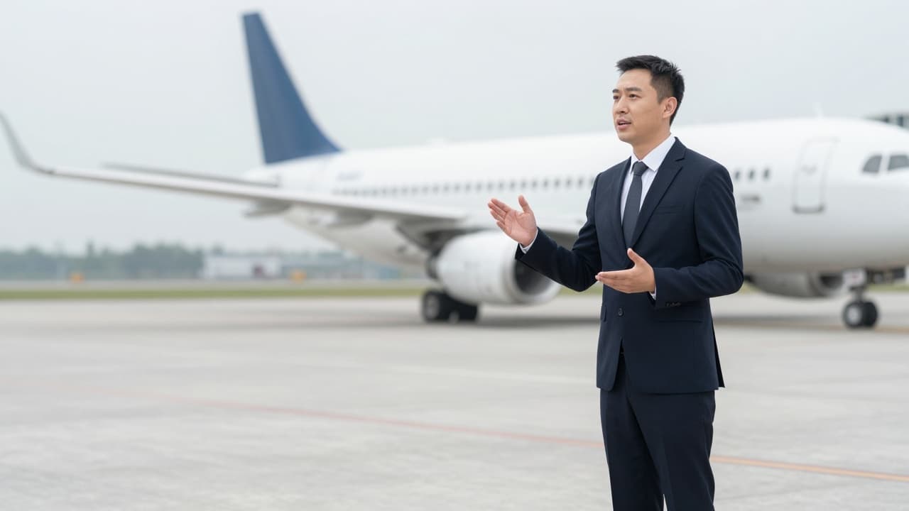 Man in a suit speaks on the runway