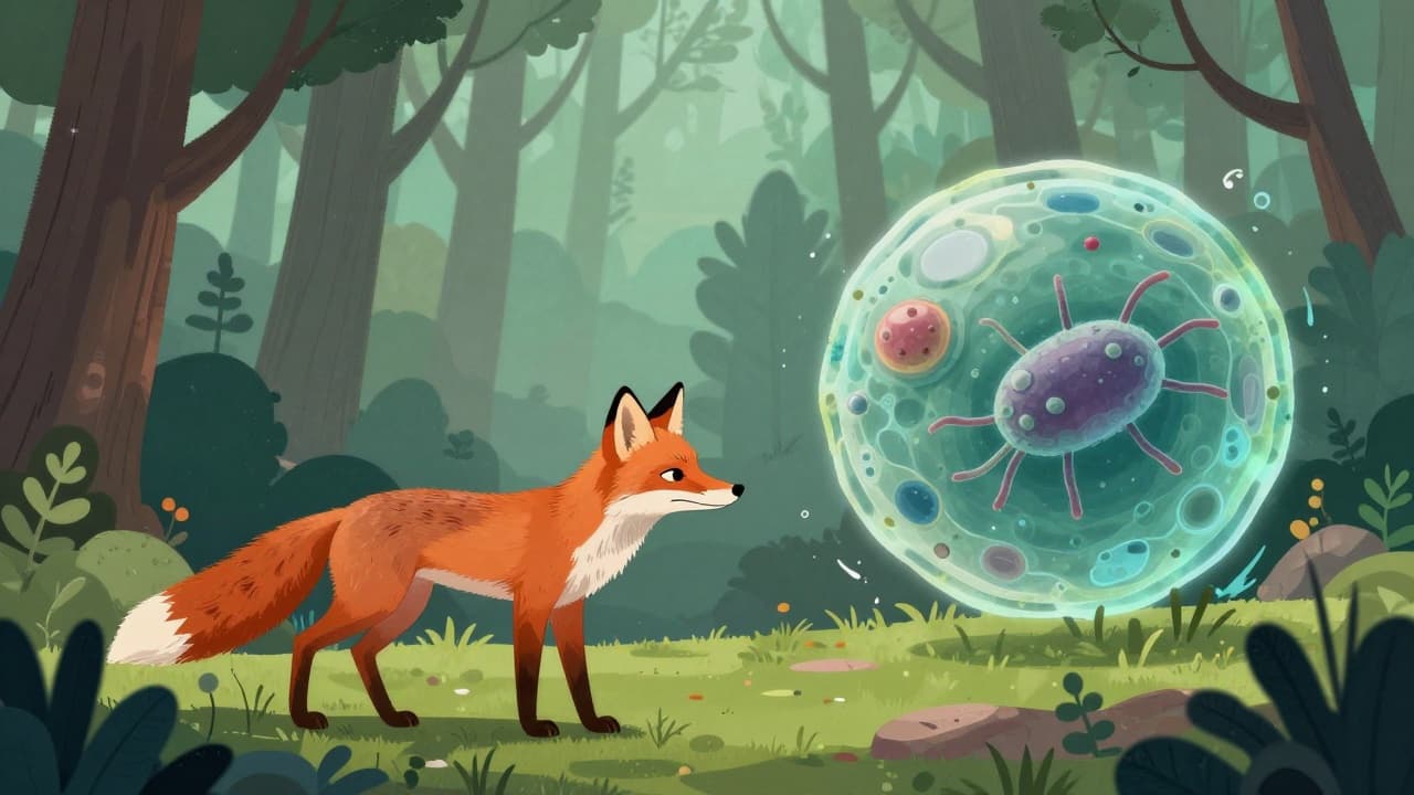 A wolf in a forest with a microscopic view of the parasite