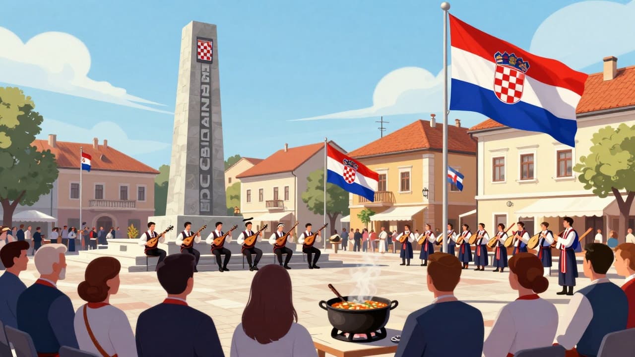 Hrvatske zastave i spomenik Hrvatska kocka