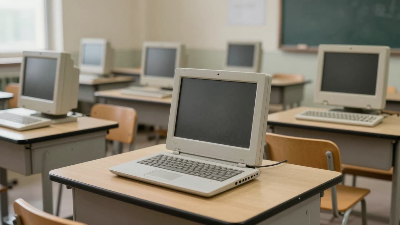 Old computer equipment in an empty classroom