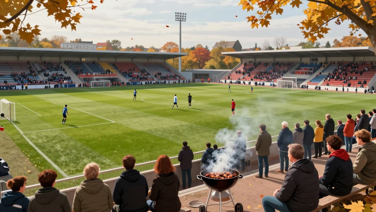Autumnal stadium scene with community gathering