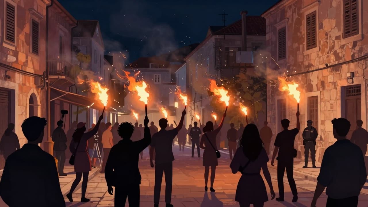 Sjene navijača uz plamen baklji