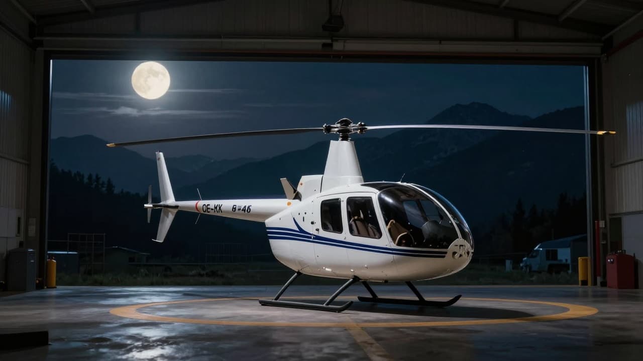 Plavi Robinson R44 u noćnom hangaru