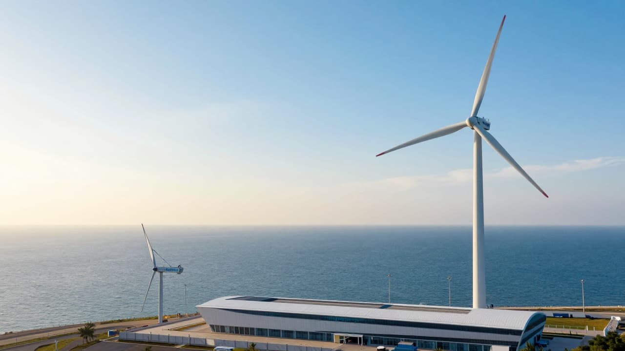 Wind farm and industrial facility by the sea