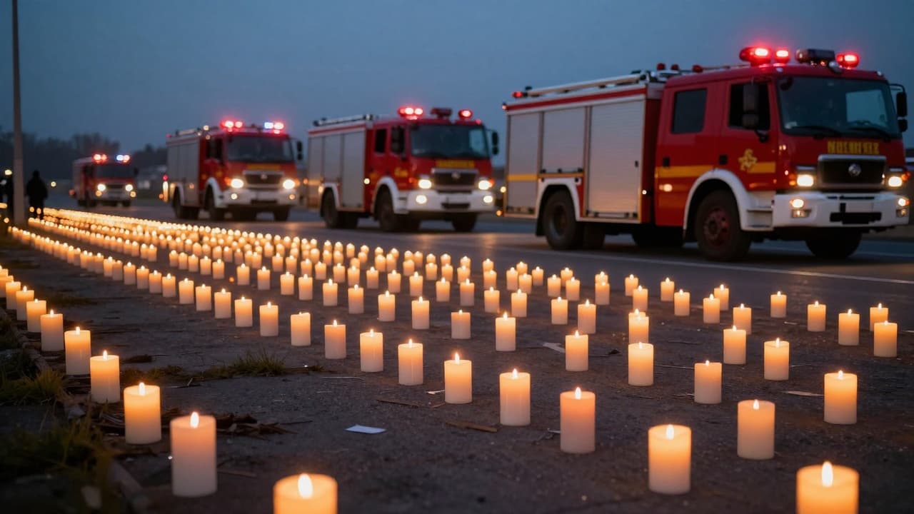 Candles in remembrance with fire engines in the background