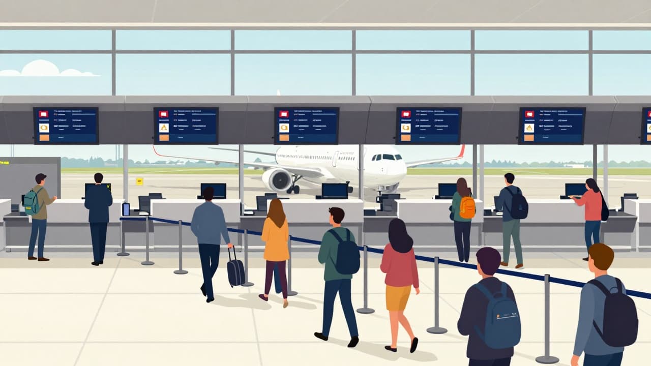 Passengers waiting in queues at an airport