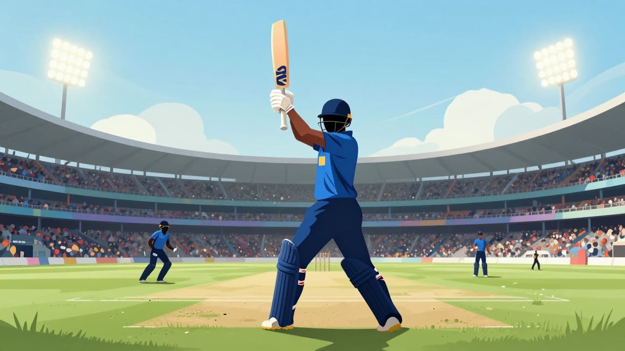 Cricket player in a blue jersey raises the bat