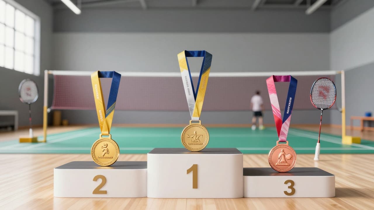 Postolje s medaljama i badminton reketima