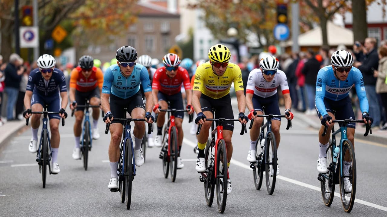 Cyclists pass through the city street