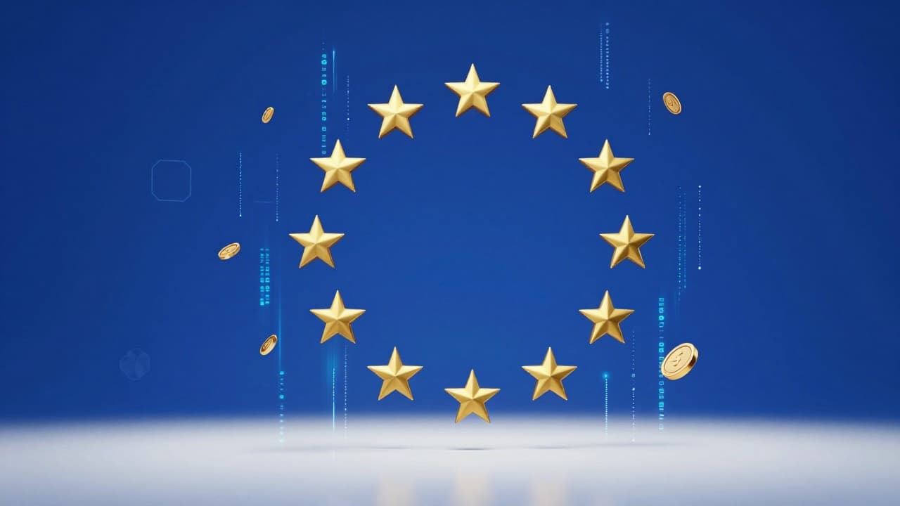 Stilizirana zlatna zvijezda EU na tamno plavoj pozadini