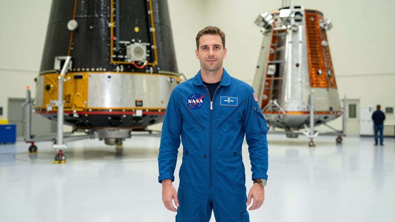 Astronaut in blue suit in a clean room