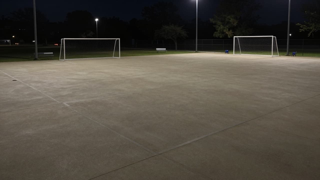 An empty children's playground at night under the lights